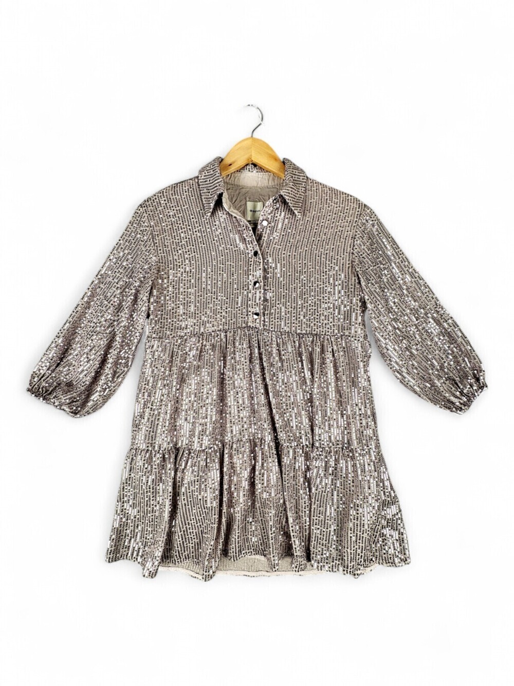 Maeve Sequin Tiered Babydoll Dress XSP Petite Silver Collared Mini Dress